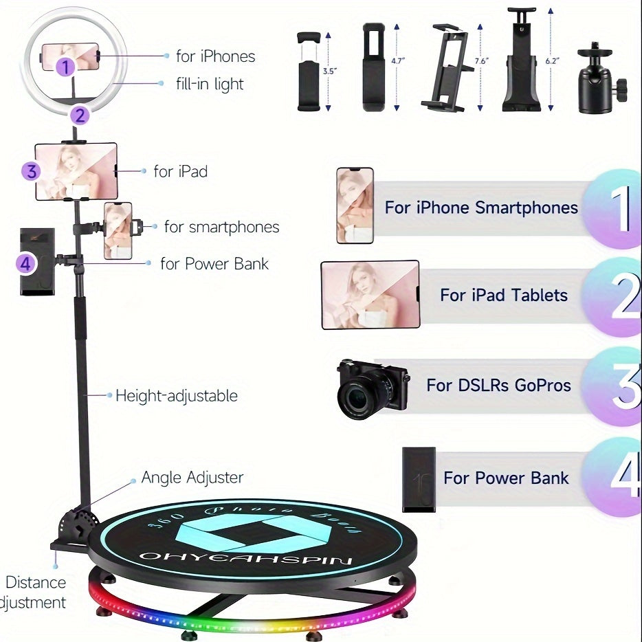 360 Photo Booth Machine for Parties Weddings Logo Customization Software APP Remote Automatic 360 Spin Camera Booth Flight Case Packaging