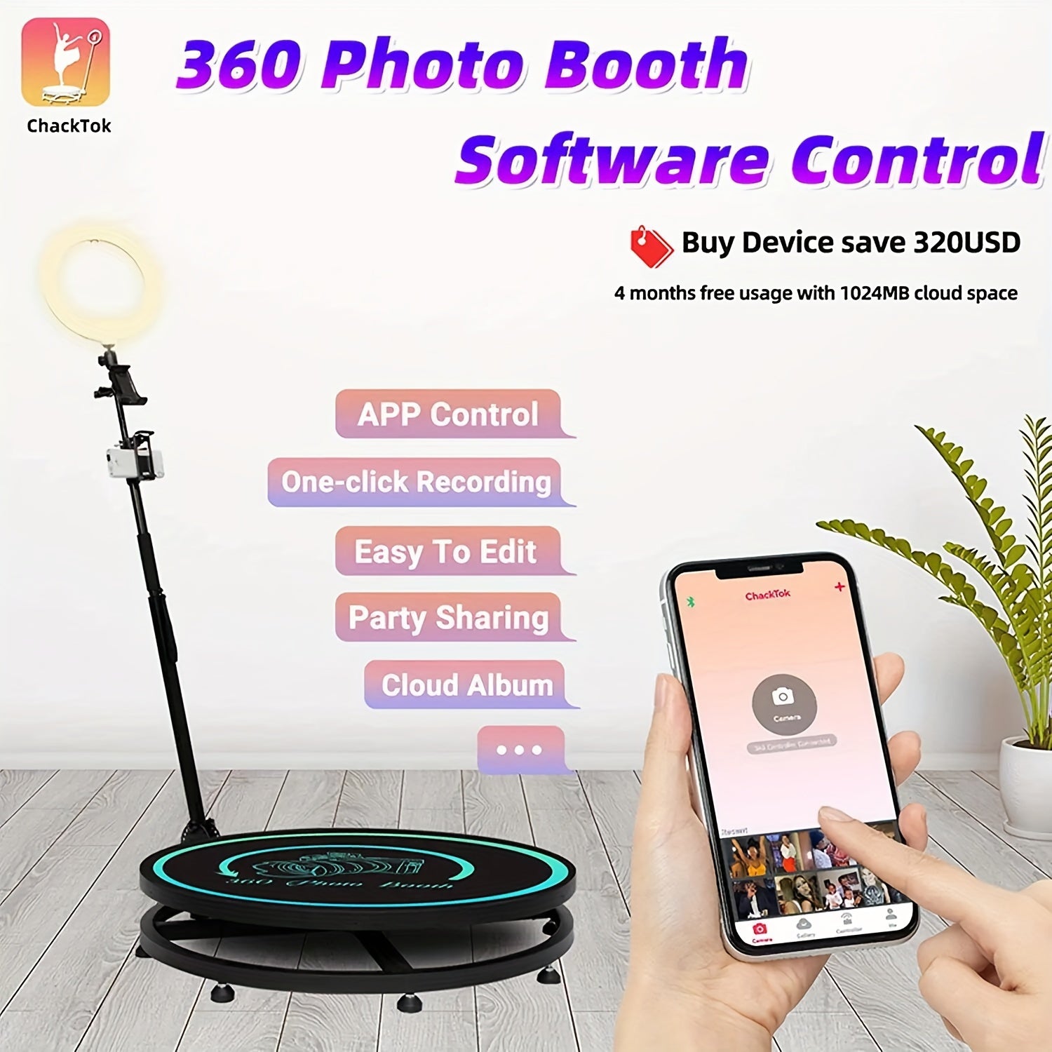 360 Photo Booth Machine for Parties Weddings Logo Customization Software APP Remote Automatic 360 Spin Camera Booth Flight Case Packaging