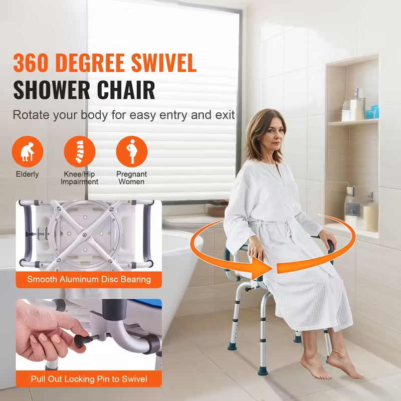 360° Swivel Shower Chair - Adjustable, Sturdy Aluminum & Plastic, 400lbs
