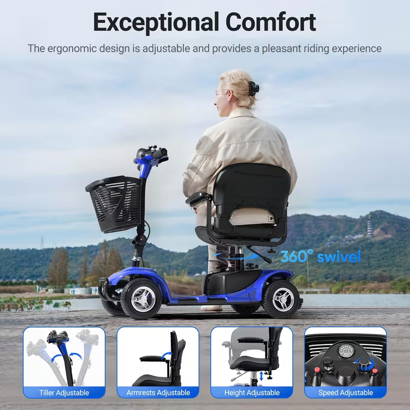 4-Wheel Electric Mobility Scooter with 180W Powerful Motor, 15-Mile Range, Collapsible & Compact Design,