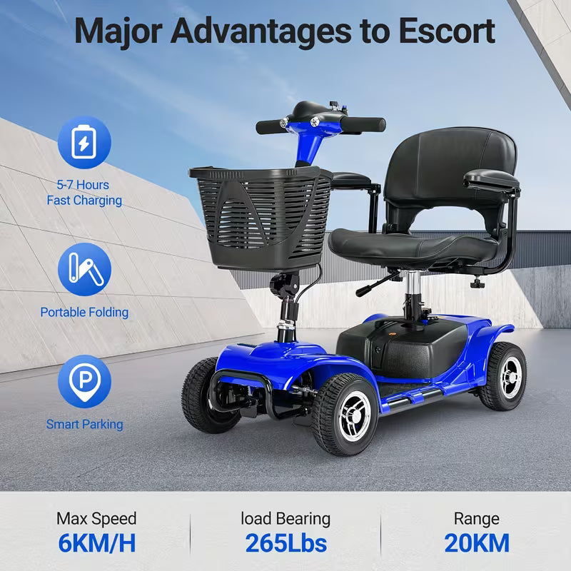 4-Wheel Electric Mobility Scooter with 180W Powerful Motor, 15-Mile Range, Collapsible & Compact Design,