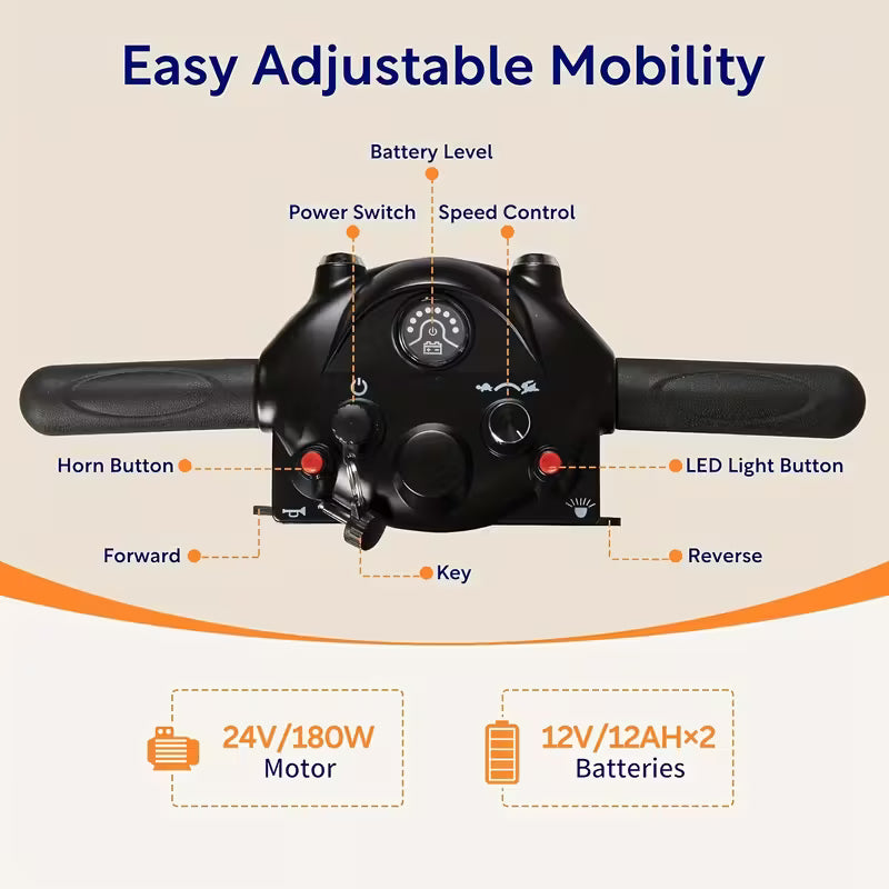 4-Wheel Electric Mobility Scooter with 180W Powerful Motor, 15-Mile Range, Collapsible & Compact Design,