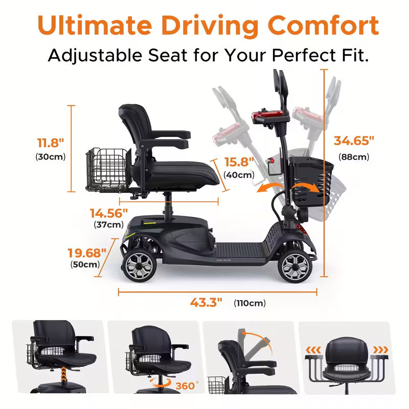 4-Wheel Mobility Scooter, Foldable & Adjustable Design, 250W Motor, 5.6MPH Speed, 24V 12AH Battery