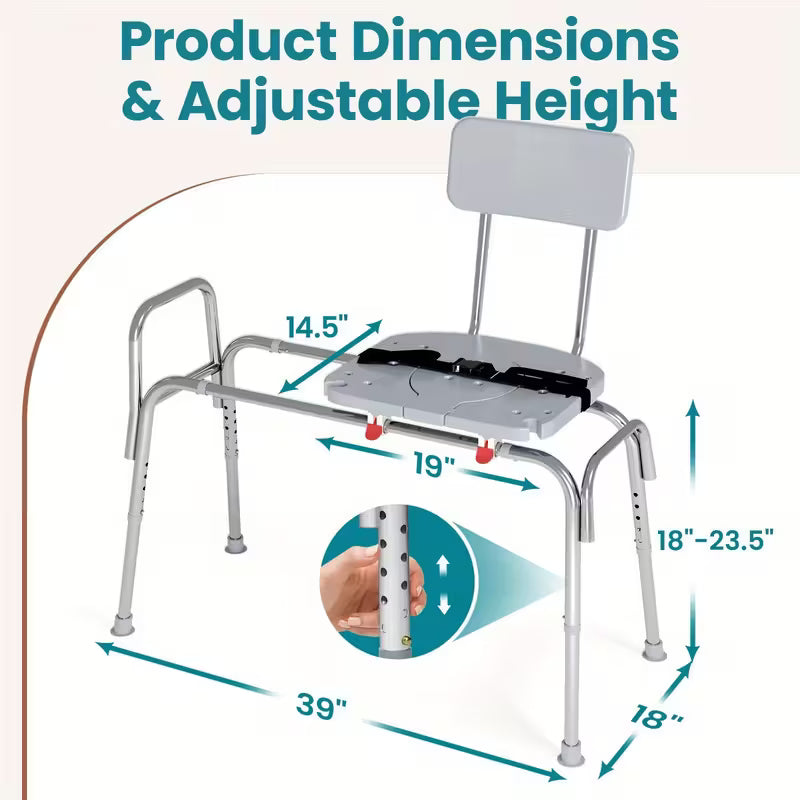 400Lbs Sliding Shower Chair Transfer Bench | Non-Slip Adjustable Height, Safety Belt - Effortless Tool-Free Bath Seat for Elderly, Disabled & Recovery