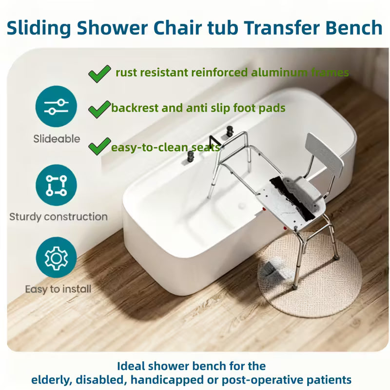 400Lbs Sliding Shower Chair Transfer Bench | Non-Slip Adjustable Height, Safety Belt - Effortless Tool-Free Bath Seat for Elderly, Disabled & Recovery