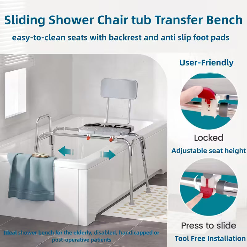 400Lbs Sliding Shower Chair Transfer Bench | Non-Slip Adjustable Height, Safety Belt - Effortless Tool-Free Bath Seat for Elderly, Disabled & Recovery
