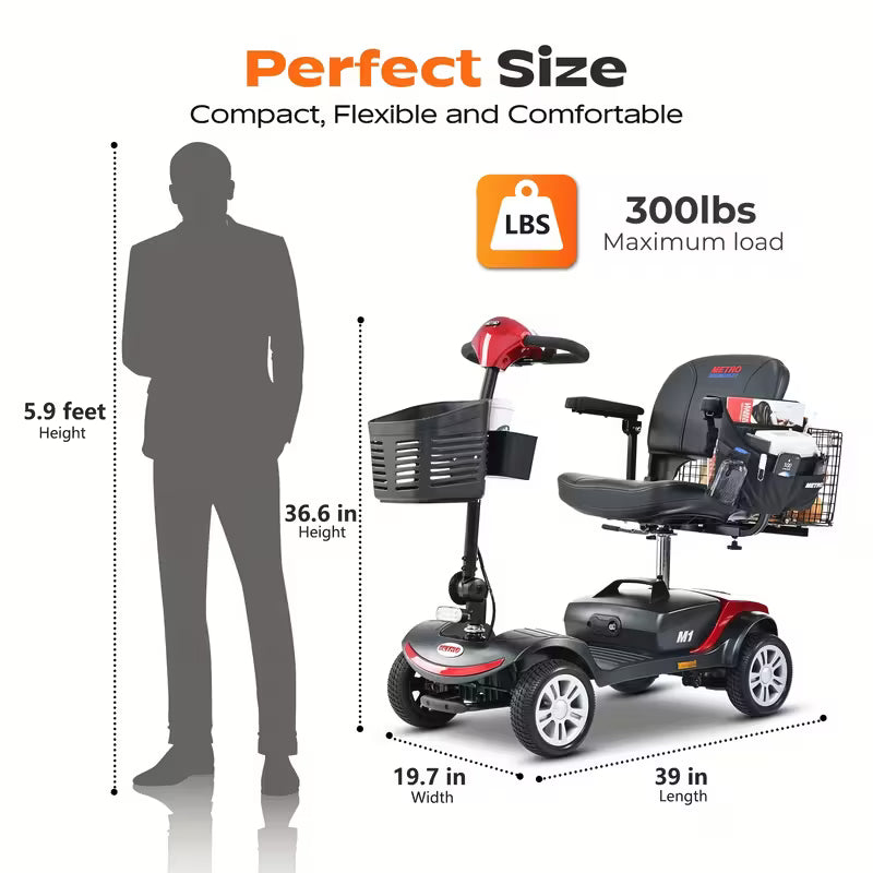 4 Wheel Electric Mobility Scooters For Adults | 300 Lbs Weight Capacity, 15KM Long Range, 360° Swivel Seat