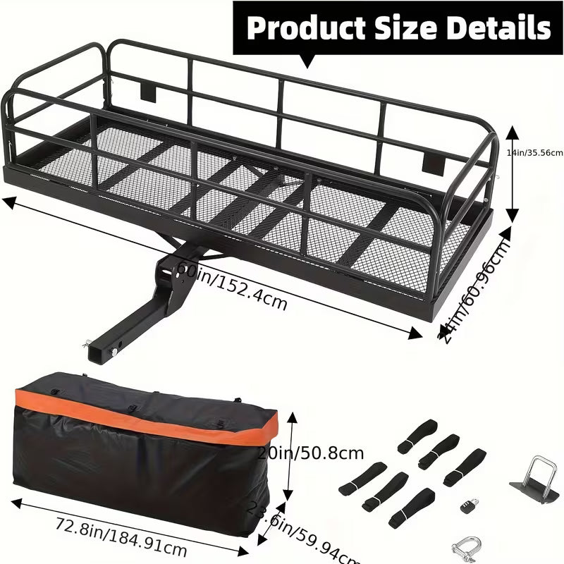 500 LBs Heavy Duty Foldable Trailer Hitch Cargo Carrier, 60" X 24" X 14" Vehicle Cargo Rack Carrier, 2 Inch Receiver Rear Luggage Rack Basket For SUV Pickup Camping Traveling, Steel, Black