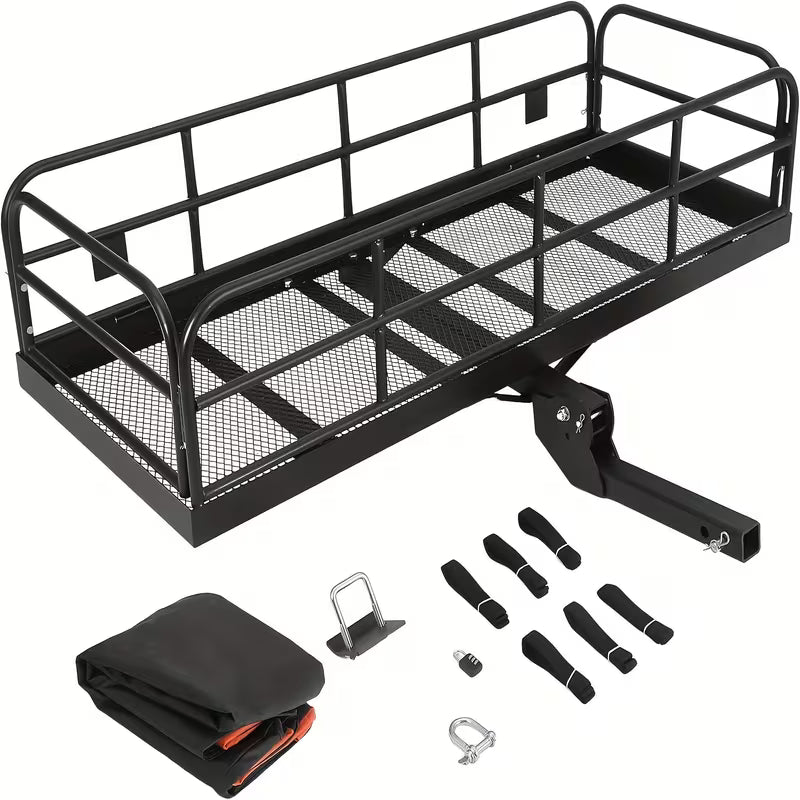 500 LBs Heavy Duty Foldable Trailer Hitch Cargo Carrier, 60" X 24" X 14" Vehicle Cargo Rack Carrier, 2 Inch Receiver Rear Luggage Rack Basket For SUV Pickup Camping Traveling, Steel, Black