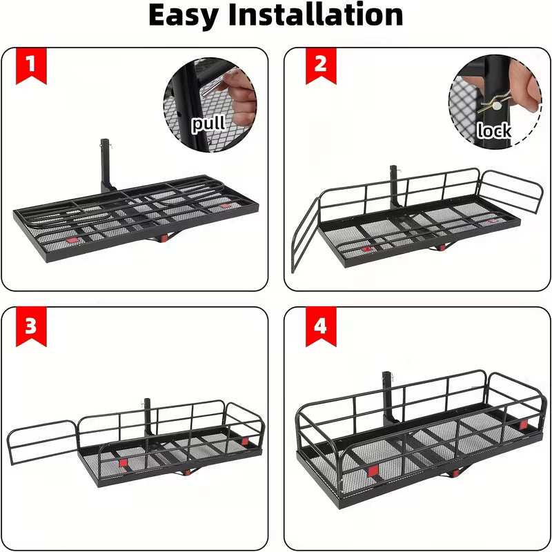 500 LBs Heavy Duty Foldable Trailer Hitch Cargo Carrier, 60" X 24" X 14" Vehicle Cargo Rack Carrier, 2 Inch Receiver Rear Luggage Rack Basket For SUV Pickup Camping Traveling, Steel, Black