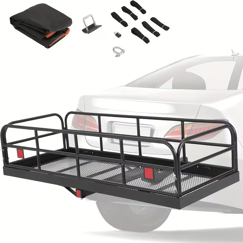 500 LBs Heavy Duty Foldable Trailer Hitch Cargo Carrier, 60" X 24" X 14" Vehicle Cargo Rack Carrier, 2 Inch Receiver Rear Luggage Rack Basket For SUV Pickup Camping Traveling, Steel, Black