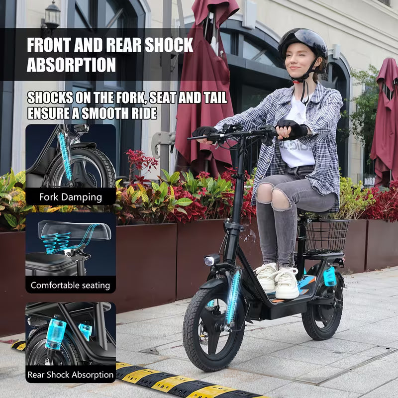 650W High-Power Electric Scooter with Front Basket & Anti-Slip Floor Mats - 48V 13A Motor, 25-Mile Range, 3-Speed Modes, Dual Disc Brakes & Full Suspension