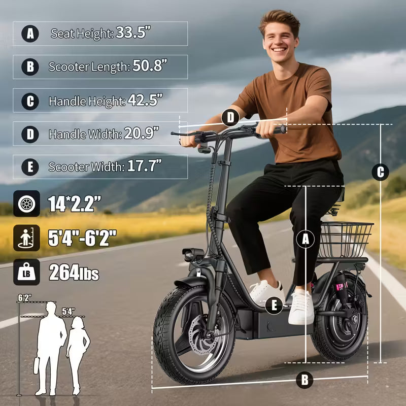 650W High-Power Electric Scooter with Front Basket & Anti-Slip Floor Mats - 48V 13A Motor, 25-Mile Range, 3-Speed Modes, Dual Disc Brakes & Full Suspension