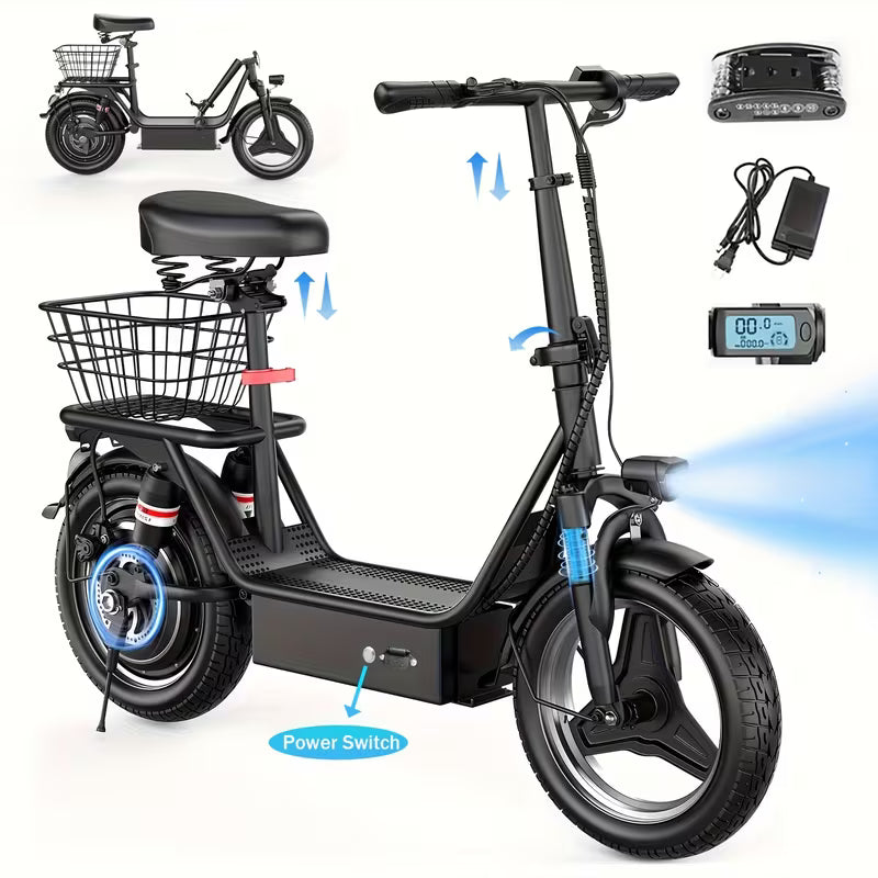 650W High-Power Electric Scooter with Front Basket & Anti-Slip Floor Mats - 48V 13A Motor, 25-Mile Range, 3-Speed Modes, Dual Disc Brakes & Full Suspension
