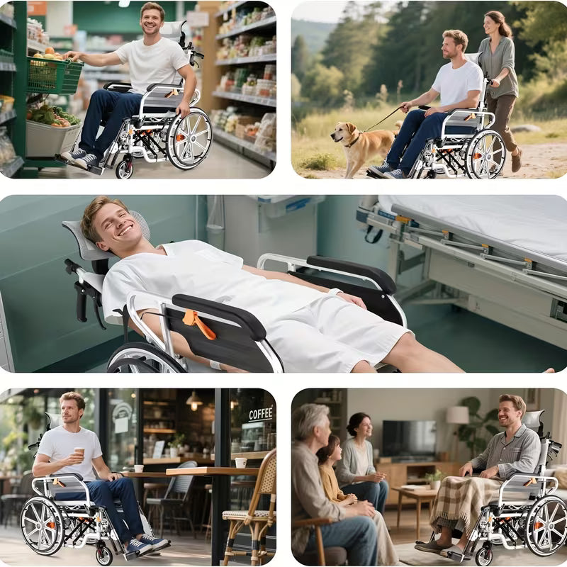 4-in-1 Reclining Waterproof Wheelchair for Shower and Transport with Elevating Leg Rests - Heavy Duty Comfort for Seniors and Adults