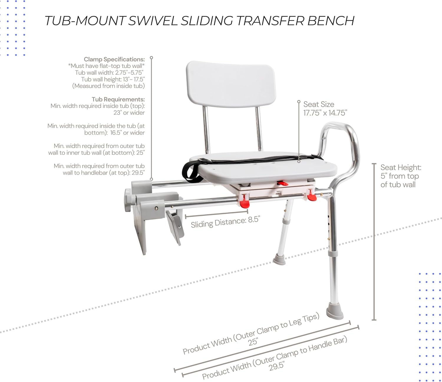 Tub-Mount Swivel Transfer Bench, Weight Capacity 350 LBs, for Safety Shower, for Elderly & Disabled