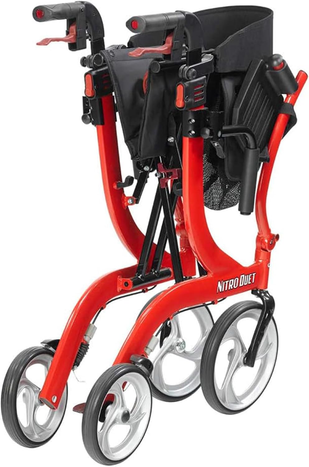Medical Nitro Dual Function Transport Wheelchair and Rollator Rolling Walker Combo with Hand Activated Brakes and Back Support, Red