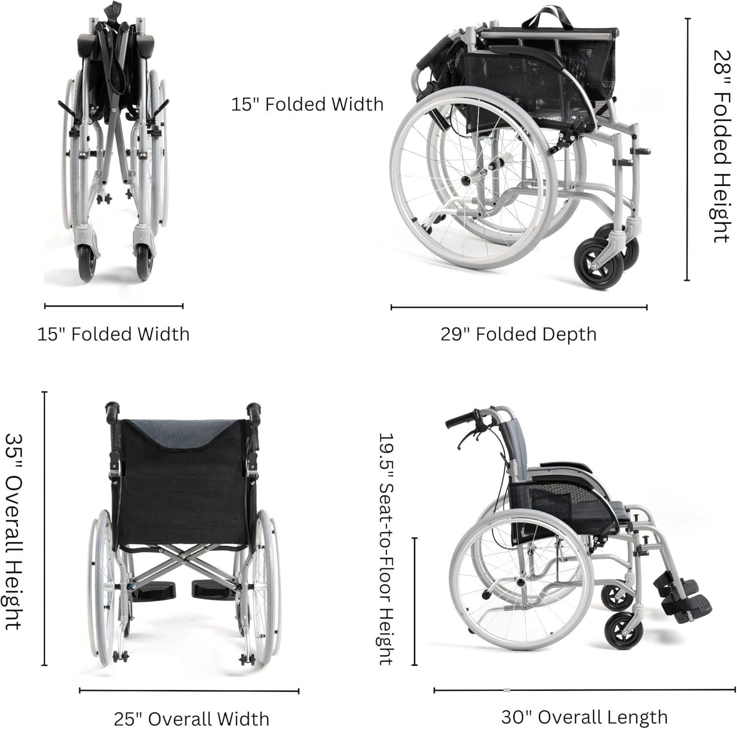 Gray Lightweight Folding Wheelchair 13.5 lbs - with Swingaway Legrests, Anti-tippers, and Quick Release Wheels - 250 lb Capacity