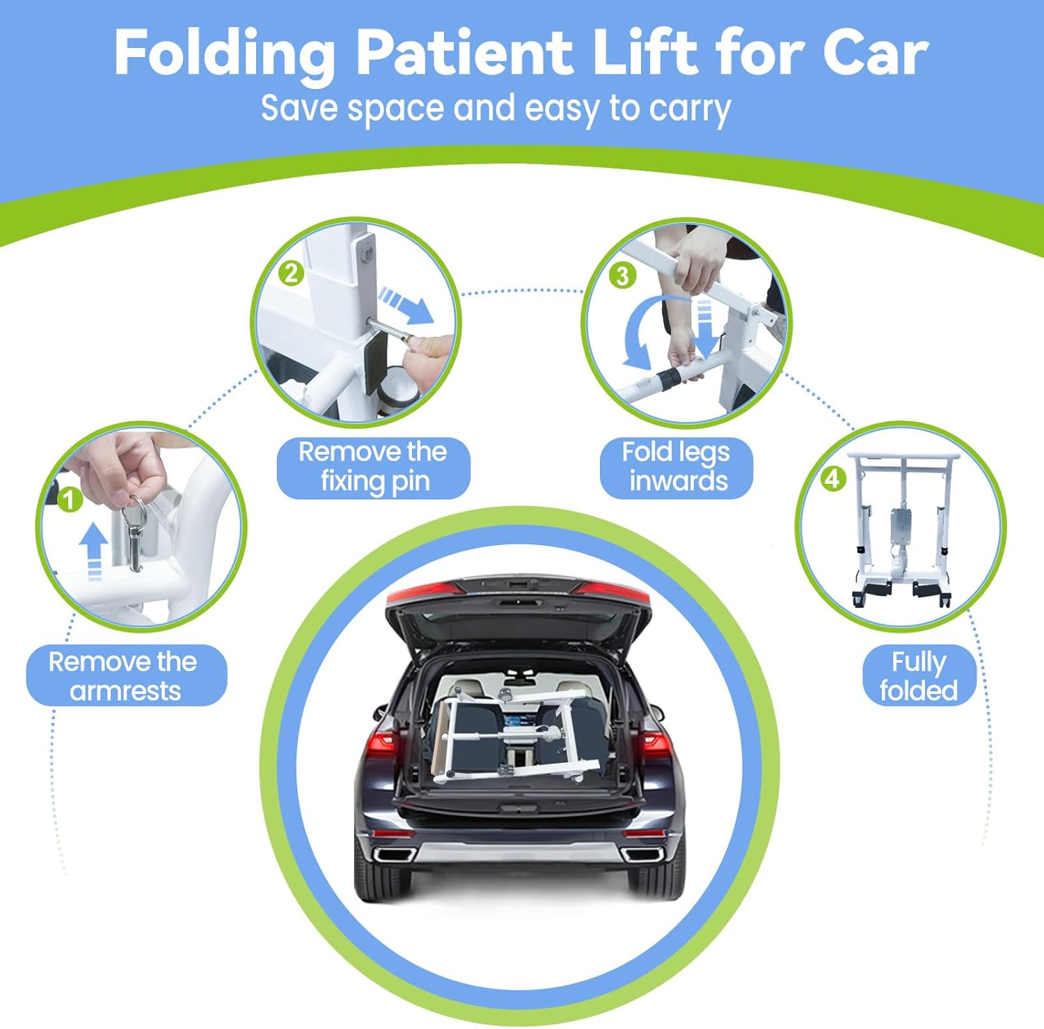 Electric Patient Lift Transfer Chair,Foldable Transfer Lift Wheelchair for Home Car,Height Adjustable with Hanger Device,Portable Handicap Lift Shower Chair,Transfer Chairs for Seniors