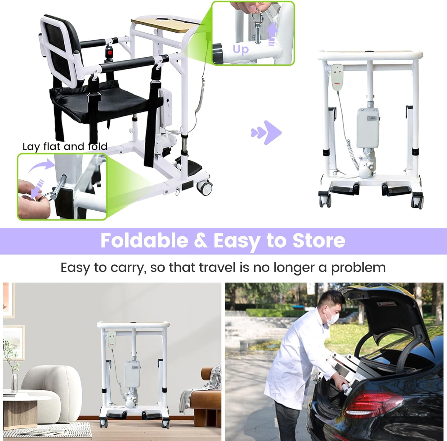 Electric Transfer Lift Chairs for Elderly,Patient Lift Transfer Chair for Home,Foldable Wheelchair Lift for Car,Portable Handicap Lift for Seniors,Transfer Shower Chair -Max Load 260lbs