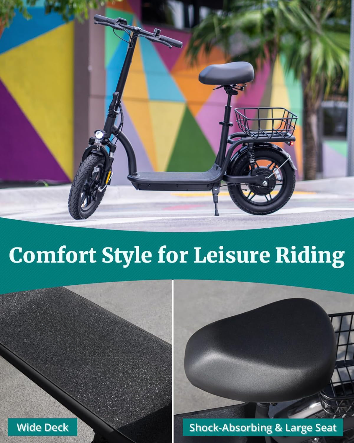 Electric Scooter with Seat for Adult, Max 16-25miles Range, 15.5-20mph Power by 350W-500W Motor, Comfortable 14" Pneumatic Tire and Wider Deck & Height Adujustable Seat with Carry Basket