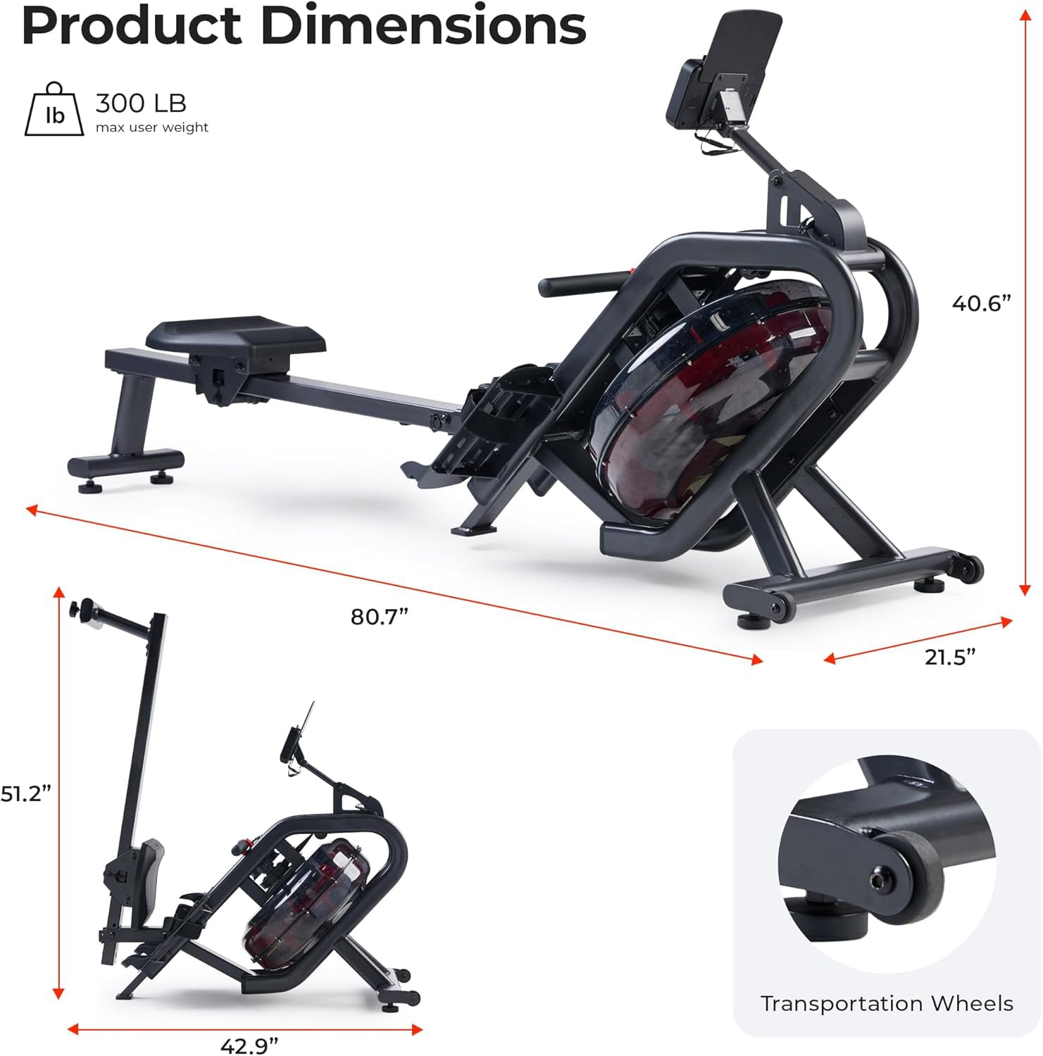 Flip & Foldable Rowing Machine for Home w/Extended Slide Rail, Full-Body Workout, Low-Impact, Optional Extra Long Rail, Quiet Rail Cover, Water Motion