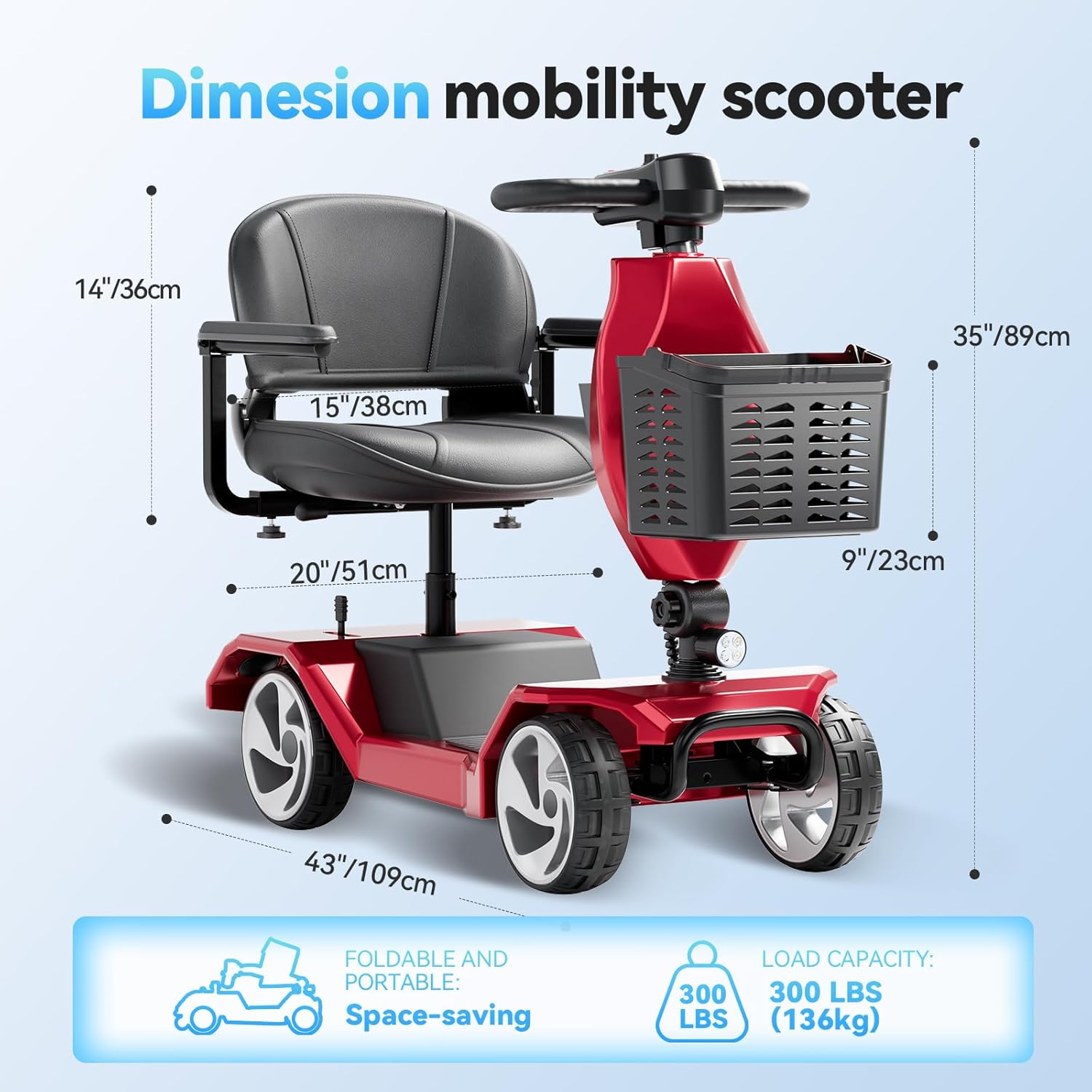 Foldable Mobility Scooters 4 Wheel Lightweight Mobility Scooters for Adults, Powered Electric Wheelchair, Mobility Scooter with Seat, Folding Travel Motorized Scooter (Red)