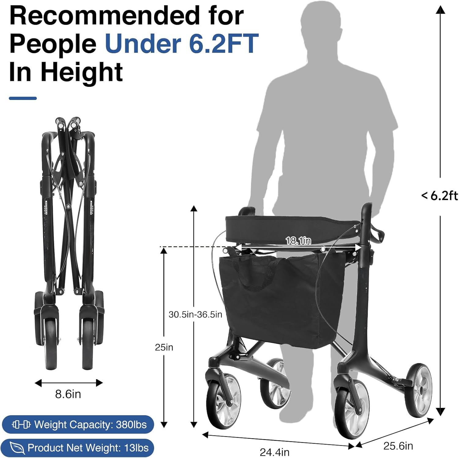 Ultralight Carbon Fiber Rollator Walkers for Seniors Lightweight at Only 12lbs, Folding Rolling Walker with Lowered Seat, Organizer Bag and 8'' Wheels