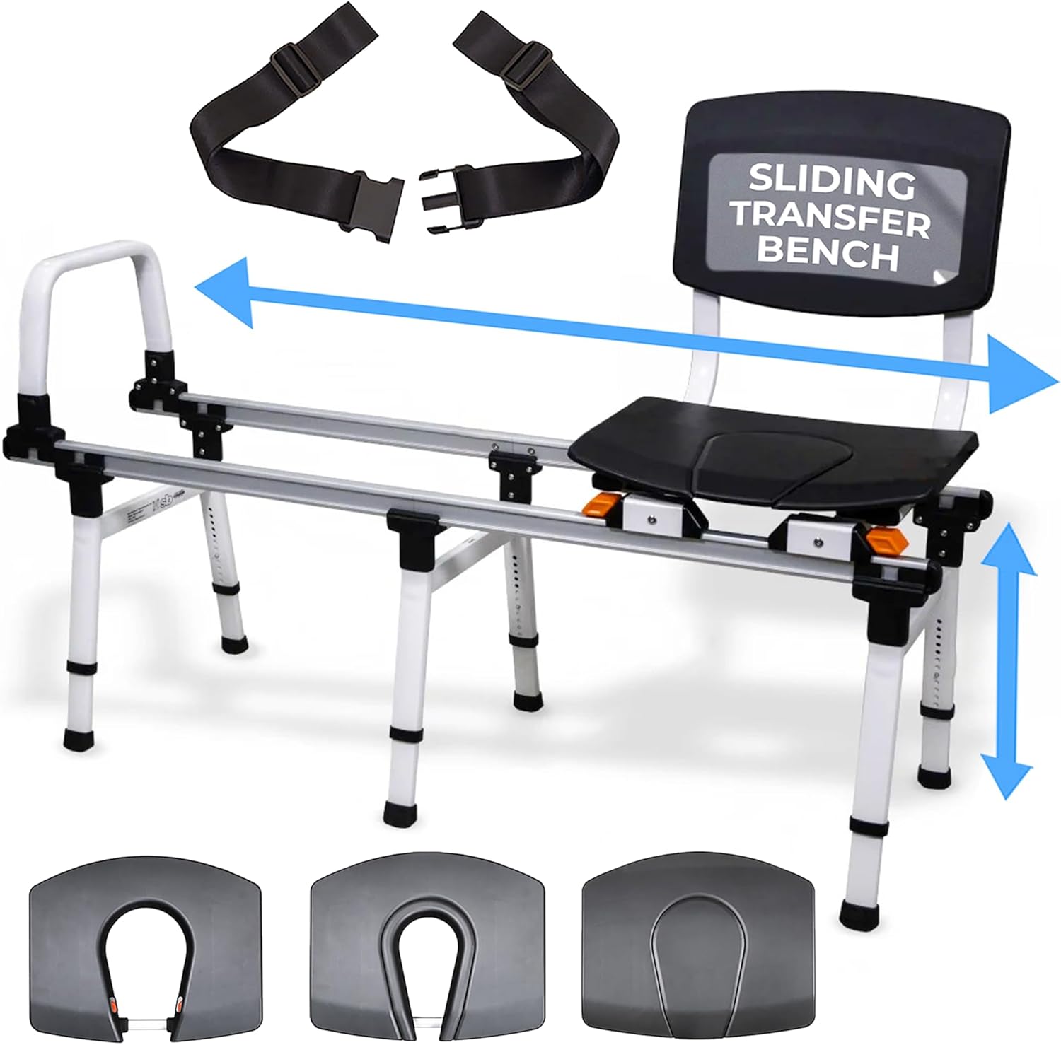 Sliding Transfer Bench for Toilet-Adjacent Tubs, Adjustable Height, Grab Bar, Extended Rails, Sliding Shower Chair with Commode Compatibility