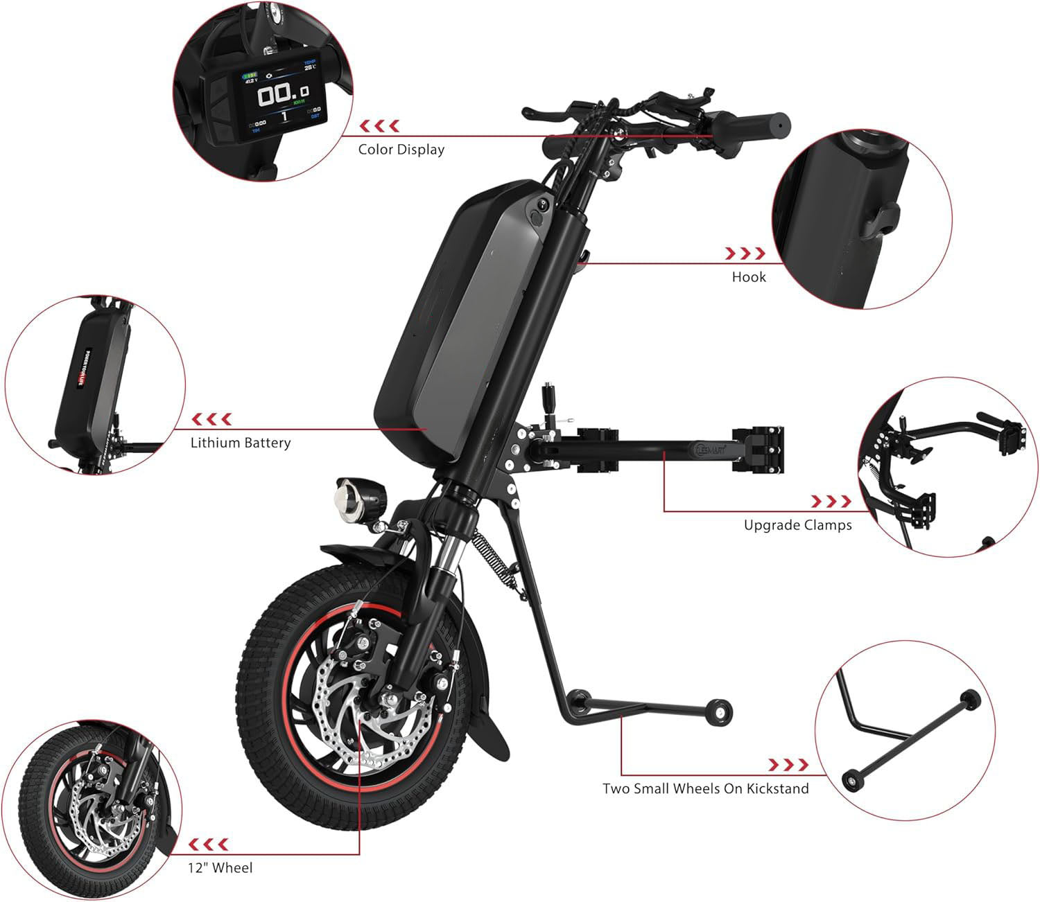 Electric Handcycle Wheelchair Attachment for Upgrading Manual Wheelchair to Electric Wheelchair, 31 Miles Travel Range, 36V 500W, Suitable for 0.87-1.3 inch Tube Diameter, Side Connection, Black, Size: 10.4 Ah