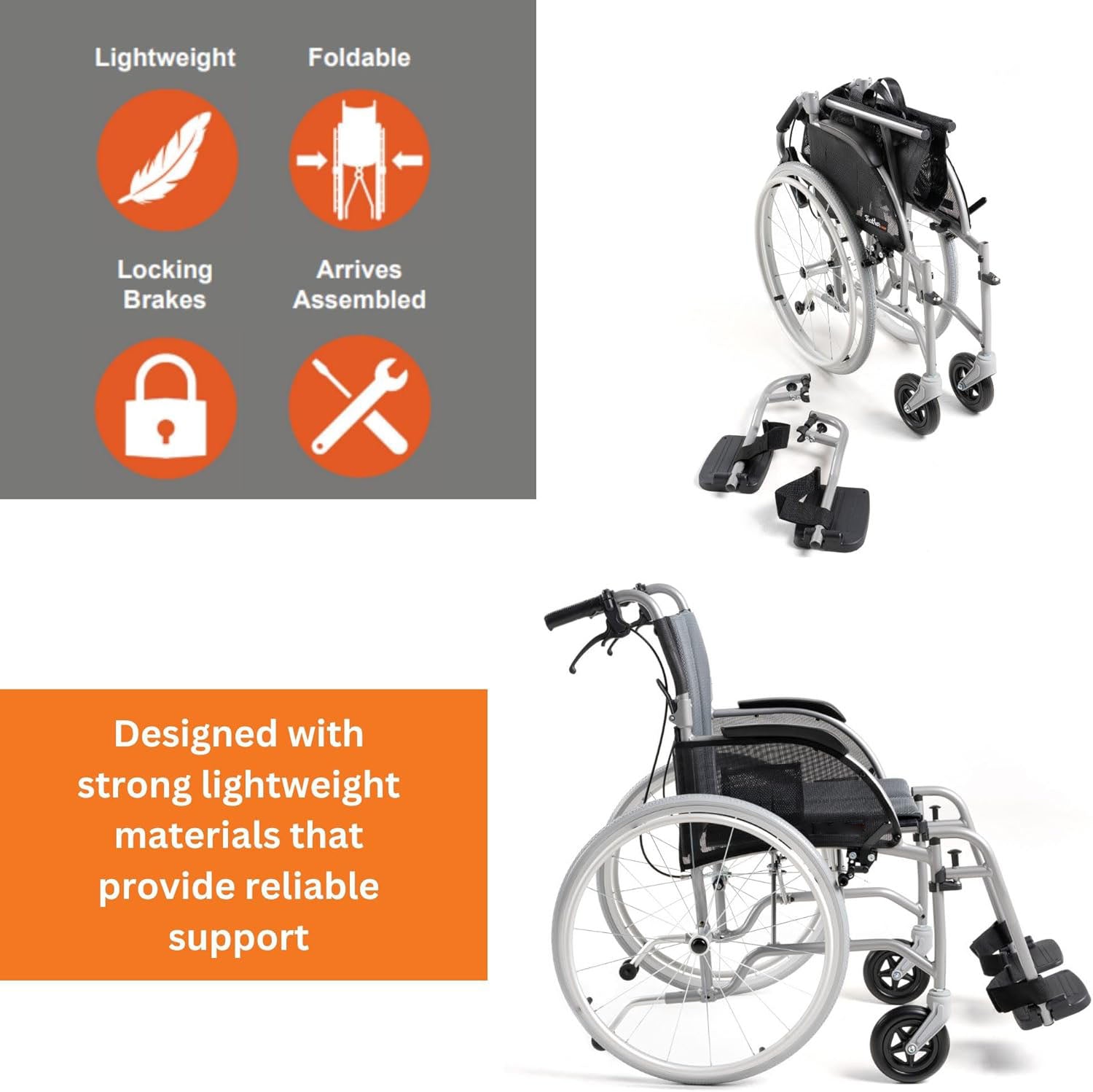Gray Lightweight Folding Wheelchair 13.5 lbs - with Swingaway Legrests, Anti-tippers, and Quick Release Wheels - 250 lb Capacity