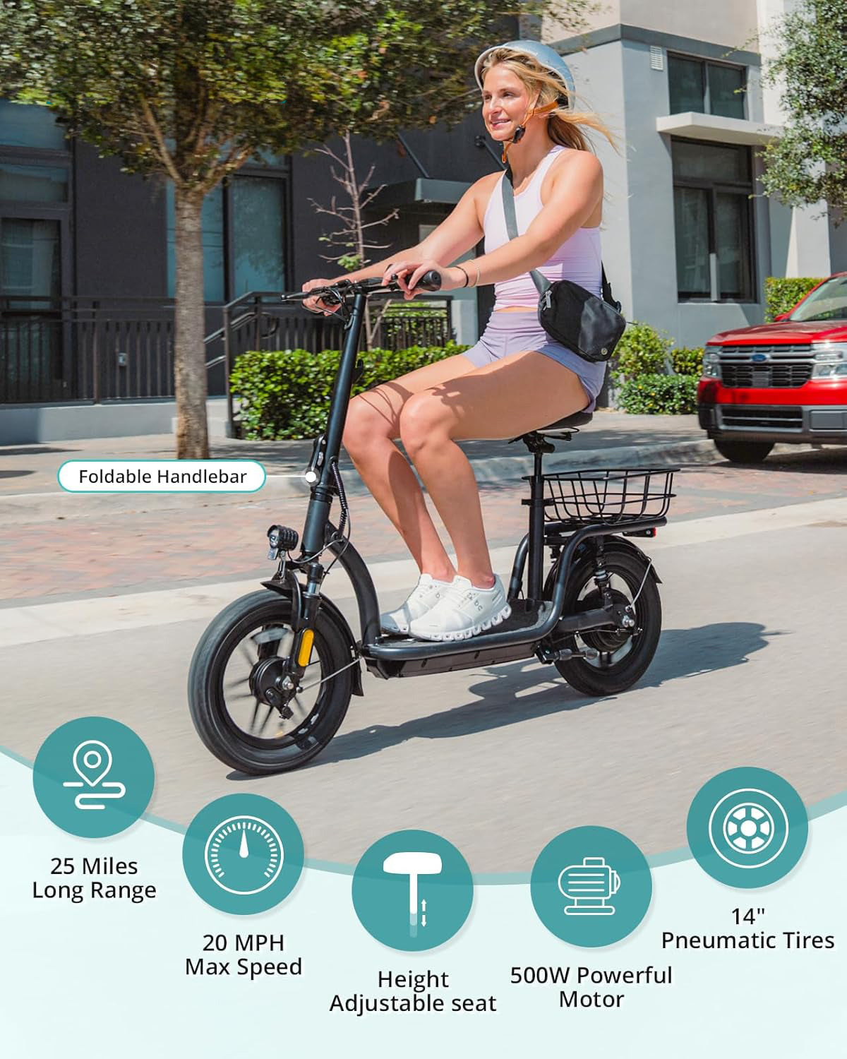 Electric Scooter with Seat for Adult, Max 16-25miles Range, 15.5-20mph Power by 350W-500W Motor, Comfortable 14" Pneumatic Tire and Wider Deck & Height Adujustable Seat with Carry Basket