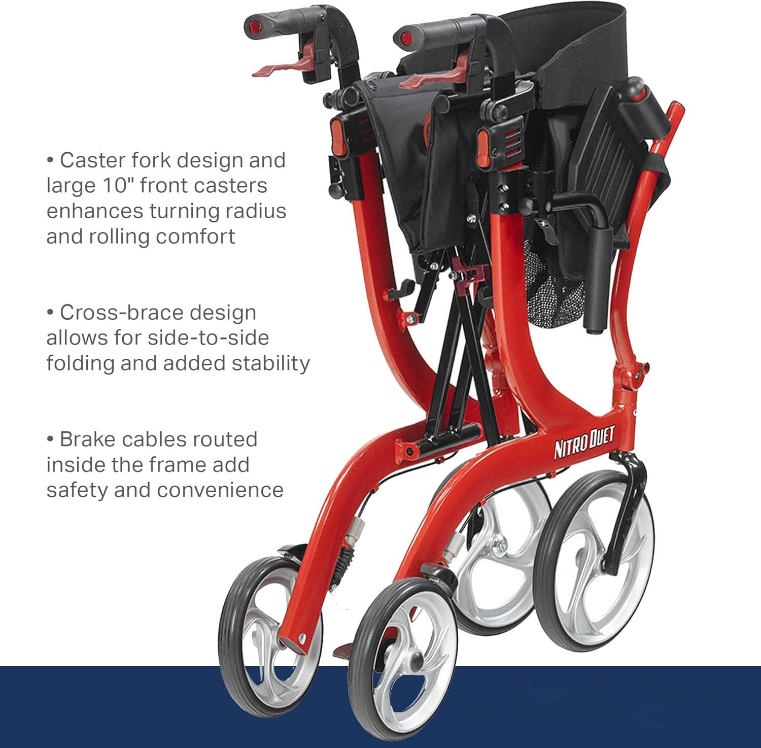 Medical Nitro Dual Function Transport Wheelchair and Rollator Rolling Walker Combo with Hand Activated Brakes and Back Support, Red