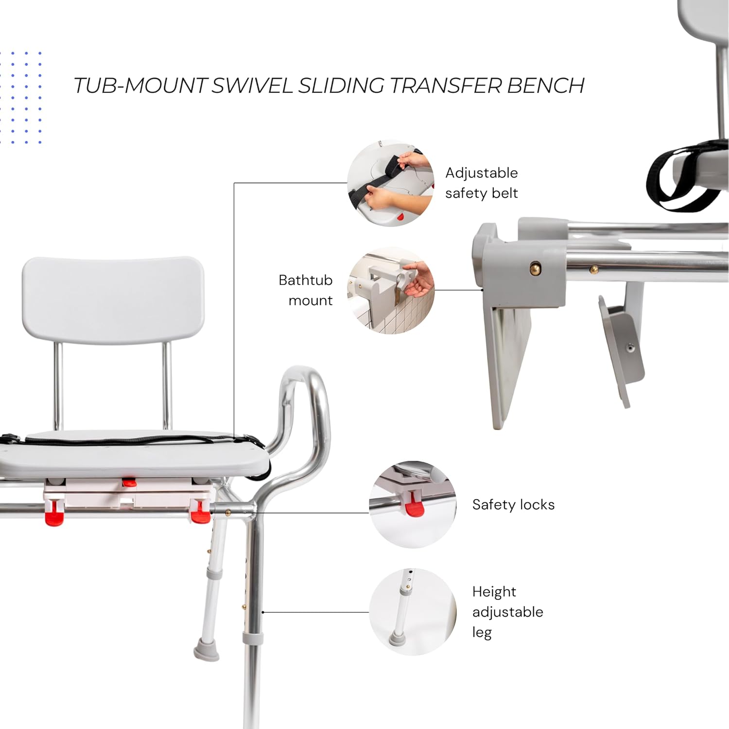 Tub-Mount Swivel Transfer Bench, Weight Capacity 350 LBs, for Safety Shower, for Elderly & Disabled