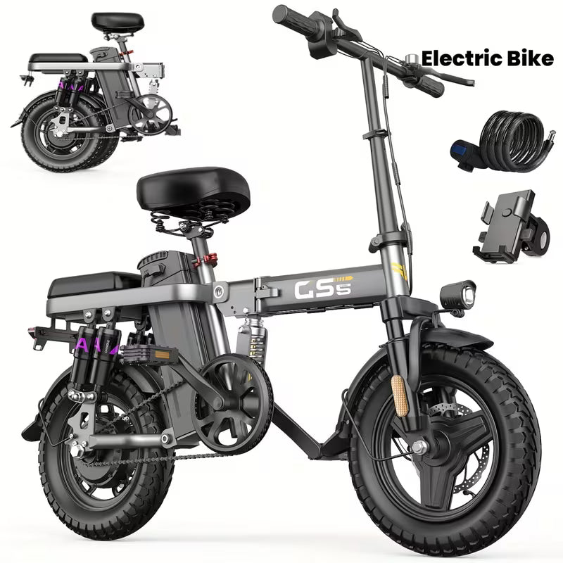 740W Electric Bike For Adults, 20MPH Full Shock Absorption Comfortable Riding, 48V10AH/15Ah, 10-35Miles Folding Ebike, 14'' Tubeless Off-road Tire, City Commuter Battery Optional
