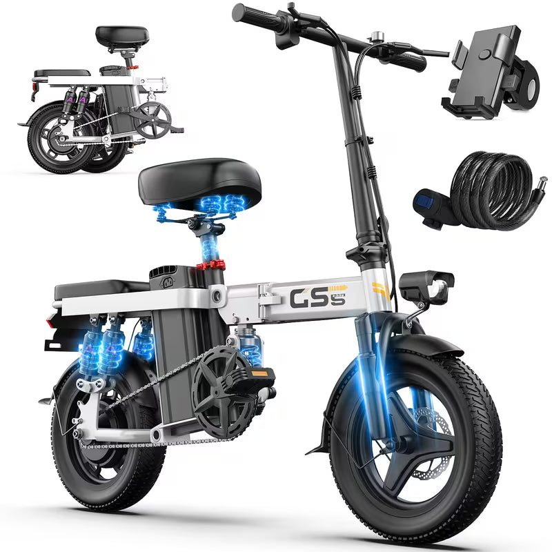740W Electric Bike For Adults, 20MPH Full Shock Absorption Comfortable Riding, 48V10AH/15Ah, 10-35Miles Folding Ebike, 14'' Tubeless Off-road Tire, City Commuter Battery Optional