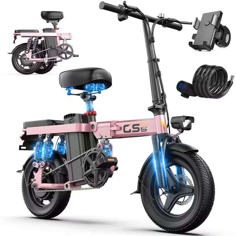 740W Electric Bike For Adults, 20MPH Full Shock Absorption Comfortable Riding, 48V10AH/15Ah, 10-35Miles Folding Ebike, 14'' Tubeless Off-road Tire, City Commuter Battery Optional