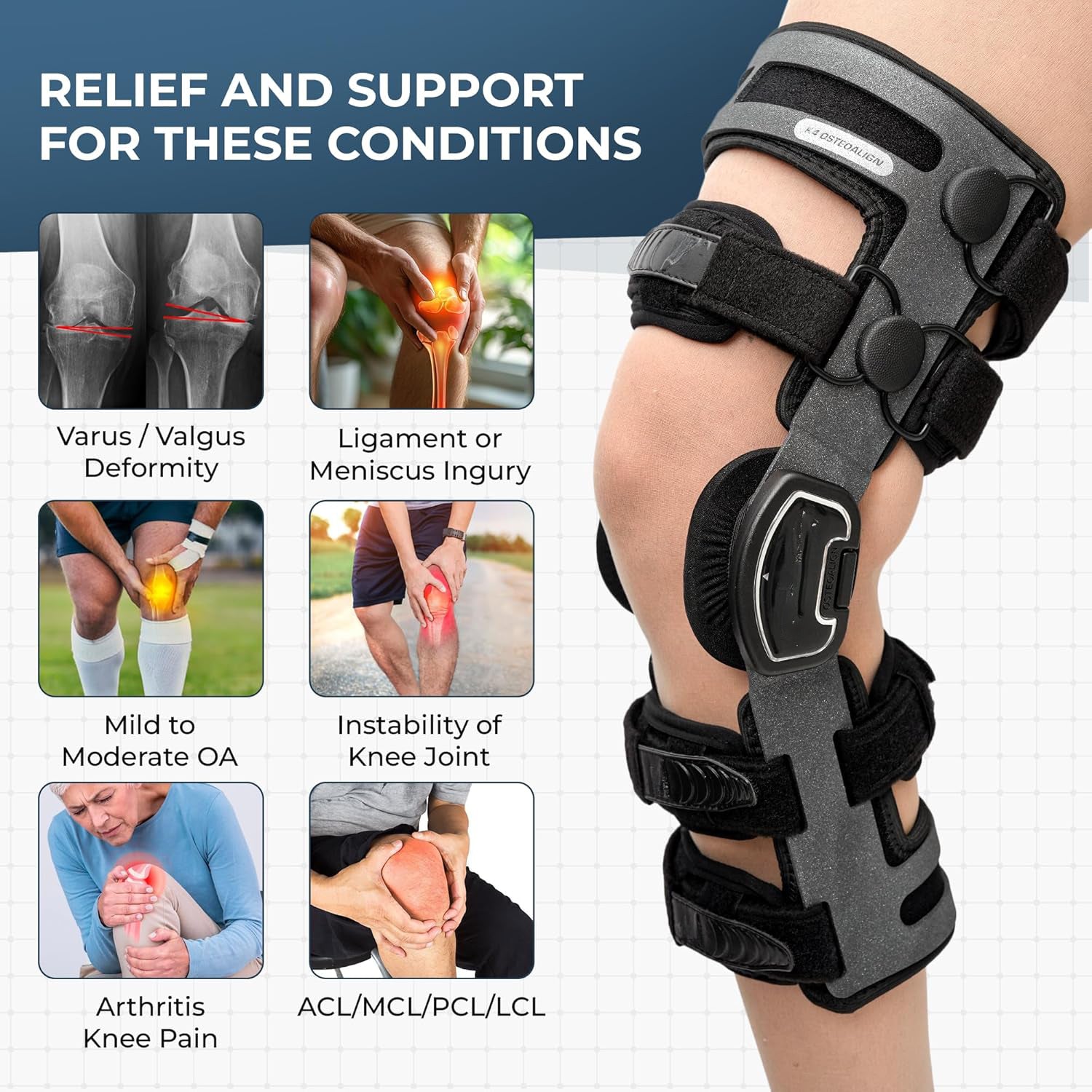 K4 OsteoAlign Hinged Knee Brace - Knee Support for ACL, MCL, Ligament Sports Injuries, Arthritis (OA), Meniscus Tear, Relief from Knee Joint Pain
