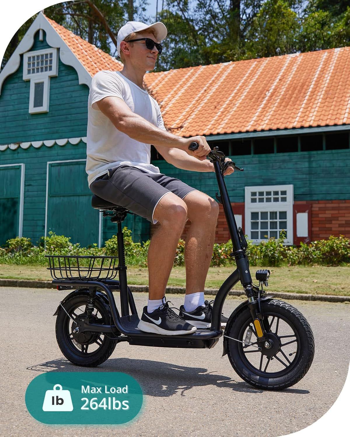 Electric Scooter with Seat for Adult, Max 16-25miles Range, 15.5-20mph Power by 350W-500W Motor, Comfortable 14" Pneumatic Tire and Wider Deck & Height Adujustable Seat with Carry Basket