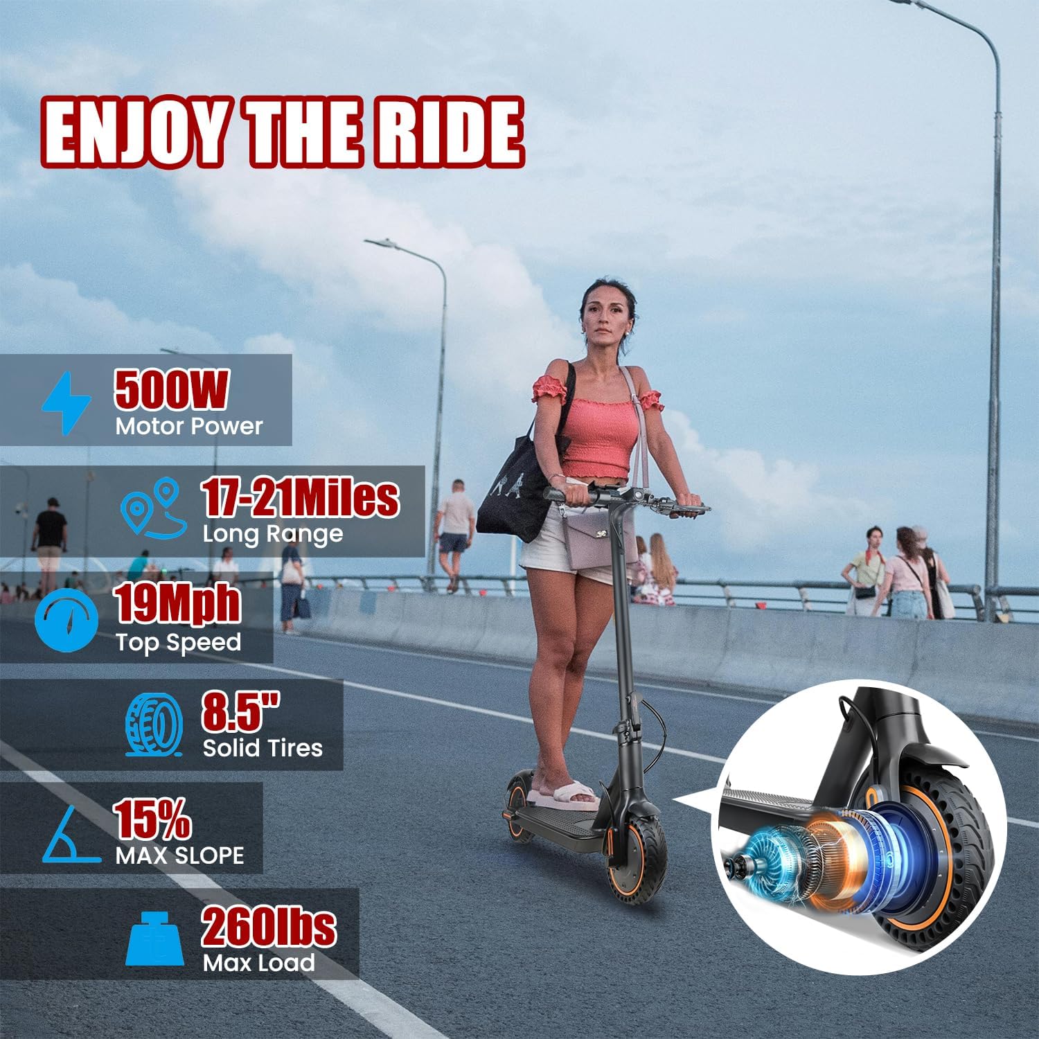Electric Scooter, 500W Motor, Up to 17-20MPH &19-21 Miles, Commuter Escooter, Foldable E-Scooter for Adults with APP and Dual Braking System Escooter