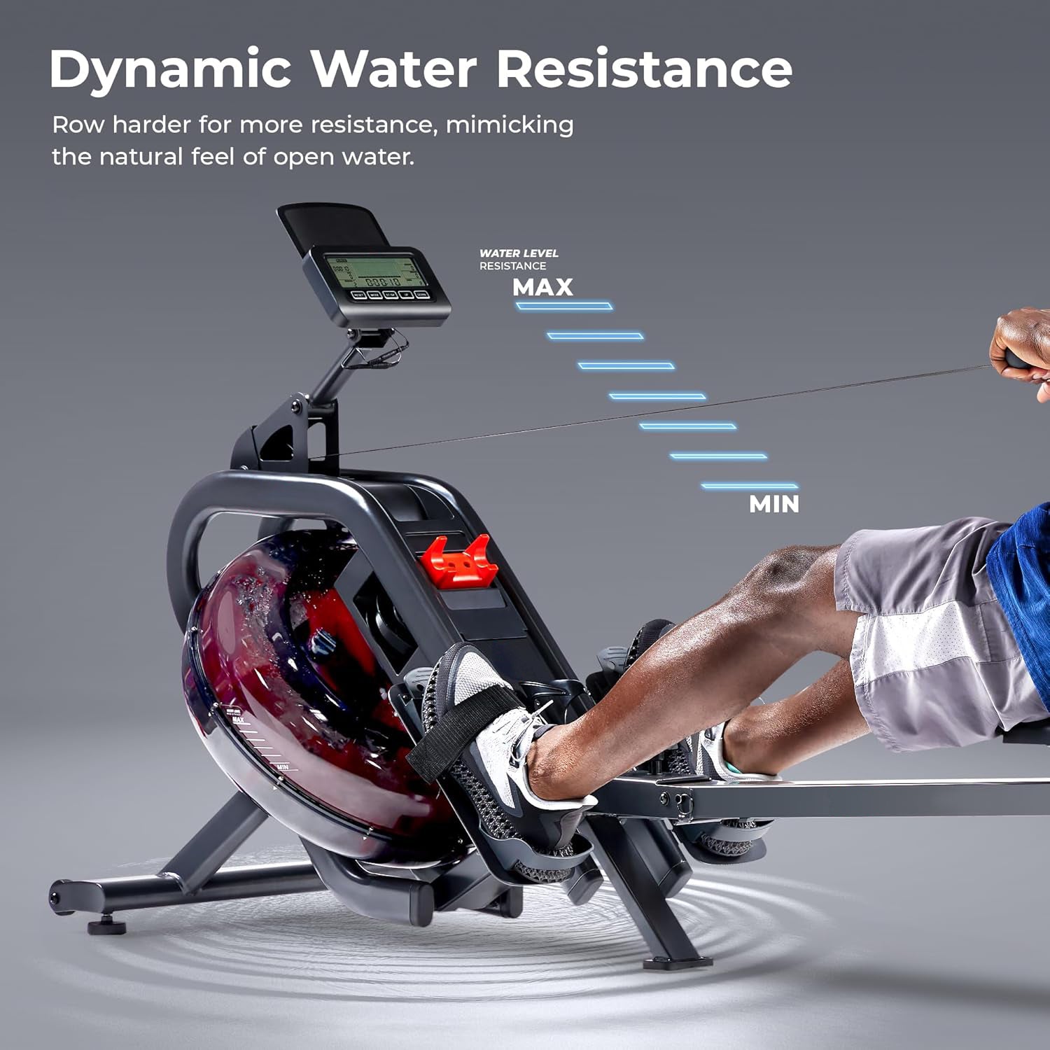 Flip & Foldable Rowing Machine for Home w/Extended Slide Rail, Full-Body Workout, Low-Impact, Optional Extra Long Rail, Quiet Rail Cover, Water Motion