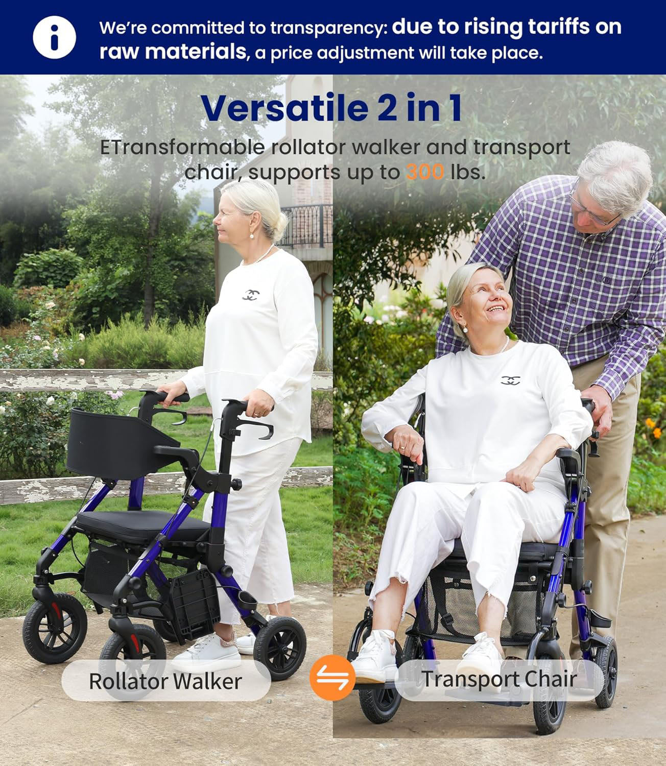 Transport-Wheelchair-Lightweight-Foldable, Walker Wheelchair Combo, Rollator-Walkers-for-Seniors-with-Seat, 2 in 1 Rolling Walker, 300lb Adults 4 Wheel Transport Chair w/Brakes & Pouch-FSA HSA
