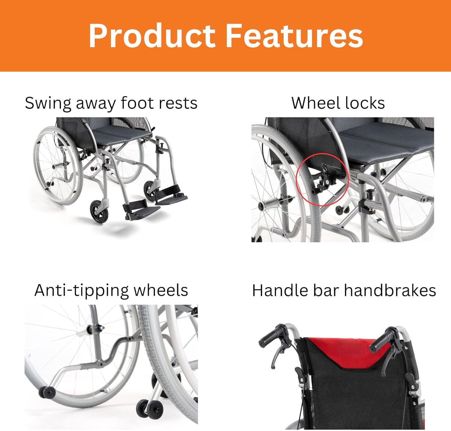 Gray Lightweight Folding Wheelchair 13.5 lbs - with Swingaway Legrests, Anti-tippers, and Quick Release Wheels - 250 lb Capacity