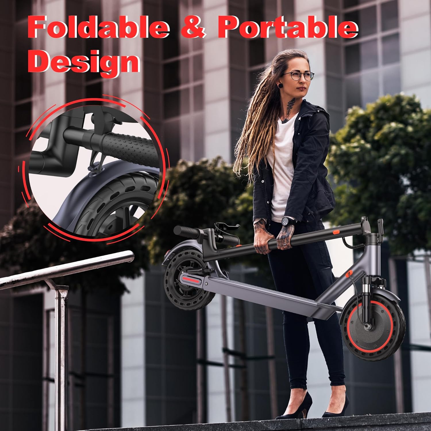 Electric Scooter, 10Inch Solid Tires-10.5Ah Folding Escooter for Adults and Teens with Dual Braking,Dual Suspension, App