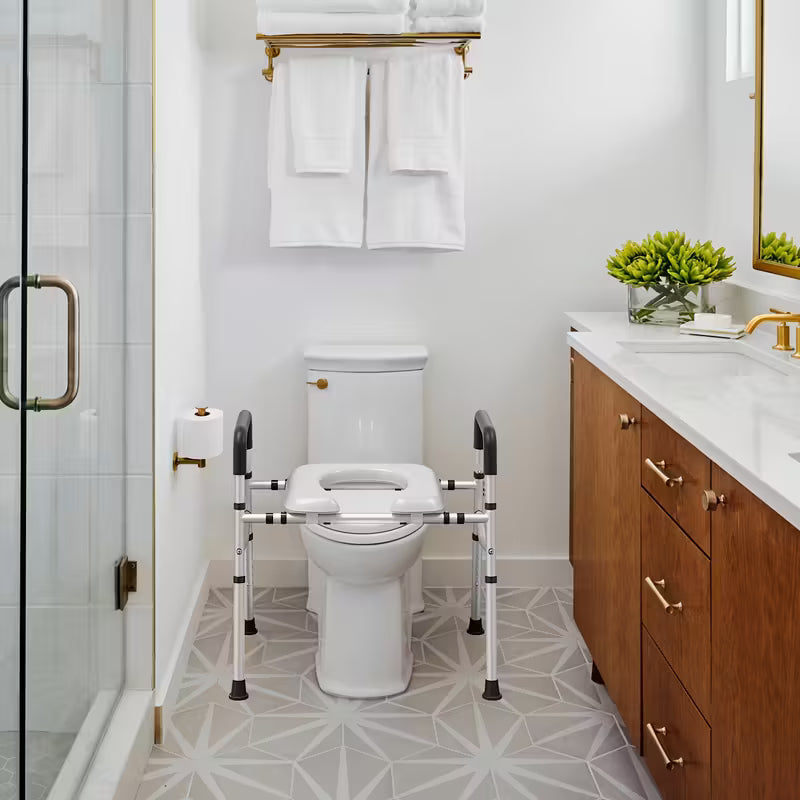 Adjustable Height & Width Raised Toilet Seat Riser with Safety Handles - Heavy-Duty 400 lbs Capacity, Non-Slip Surface, Tool-Free Installation, Sturdy Plastic/Metal Frame - Elderly