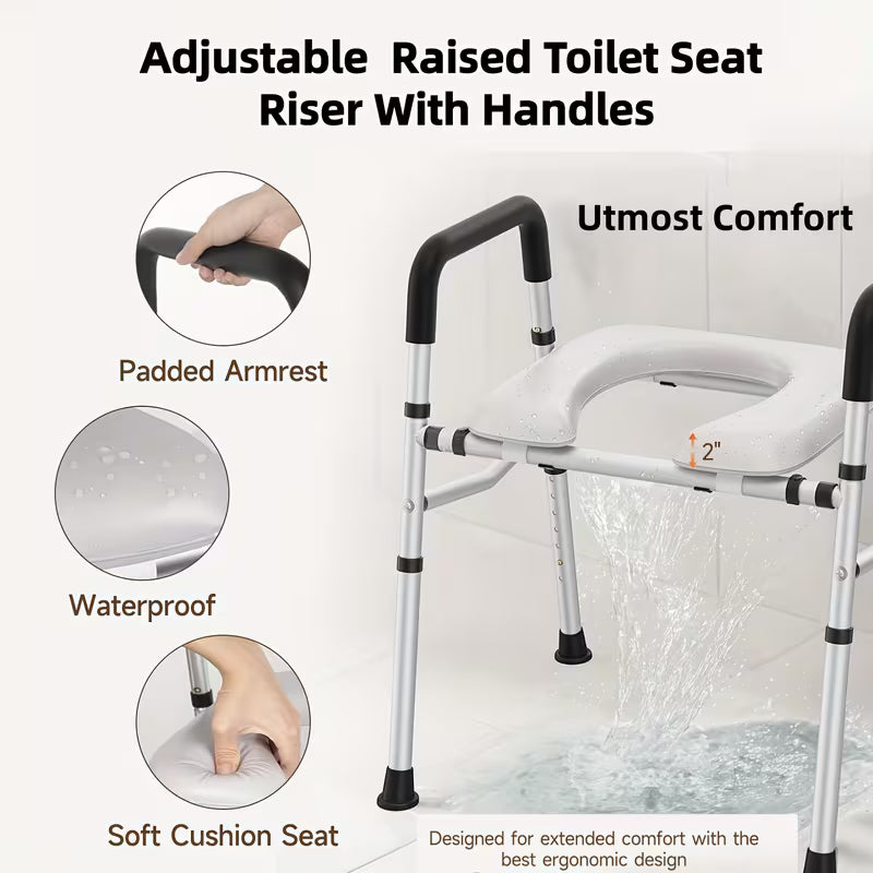 Adjustable Height & Width Raised Toilet Seat Riser with Safety Handles - Heavy-Duty 400 lbs Capacity, Non-Slip Surface, Tool-Free Installation, Sturdy Plastic/Metal Frame - Elderly