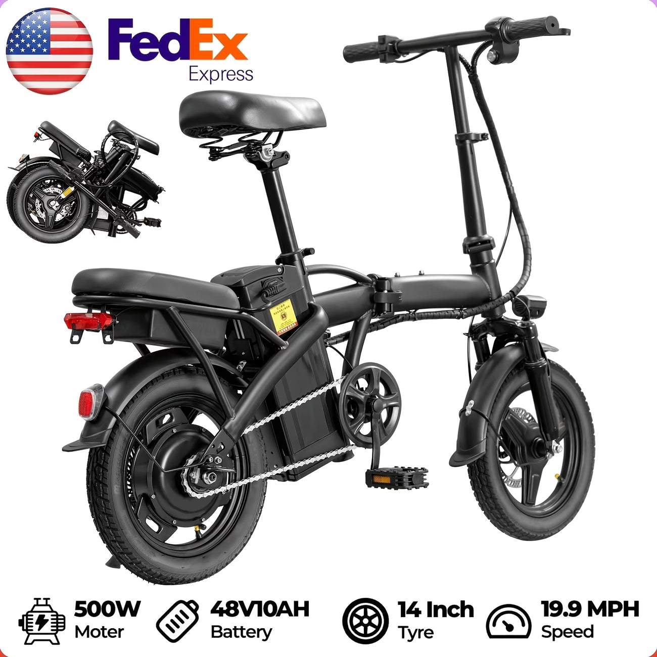 Adult Electric Bicycle, Portable Design with a Foldable Feature, Equipped with a 500W Motor And a 48V 10Ah Battery