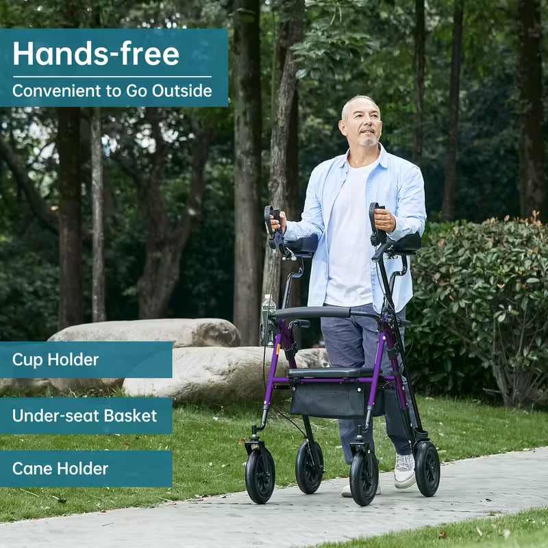 All-Terrain Upright Rollator Walker with 10" Large PU Wheels & Adjustable Padded Armrests - Heavy-Duty Aluminum Frame, Non-Slip Traction, Sturdy Brakes
