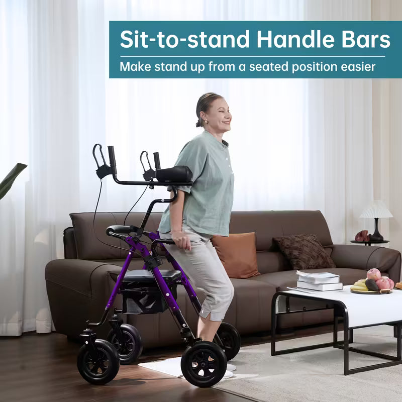 All-Terrain Upright Rollator Walker with 10" Large PU Wheels & Adjustable Padded Armrests - Heavy-Duty Aluminum Frame, Non-Slip Traction, Sturdy Brakes