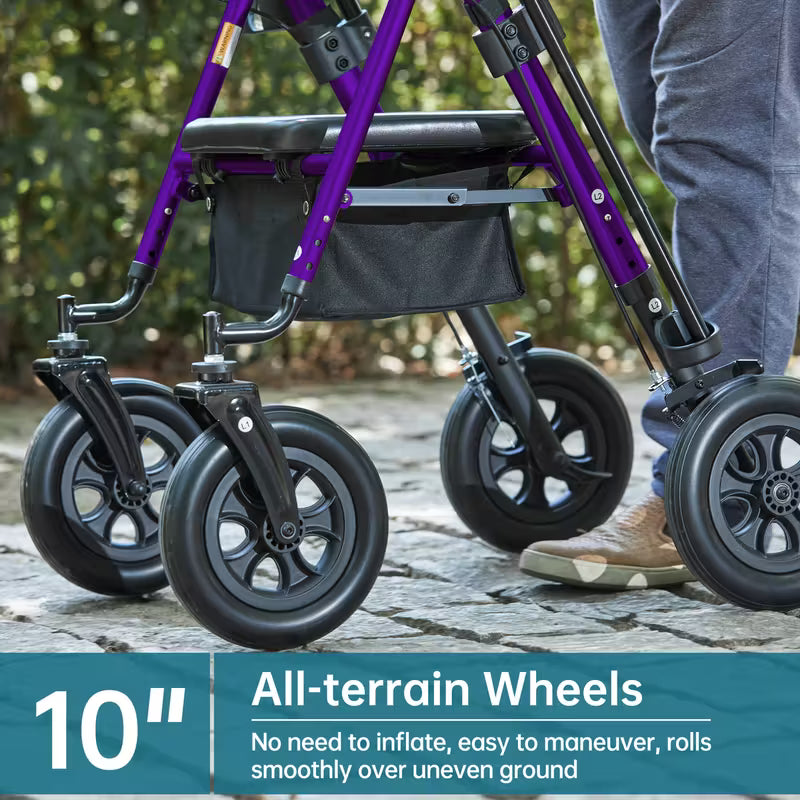 All-Terrain Upright Rollator Walker with 10" Large PU Wheels & Adjustable Padded Armrests - Heavy-Duty Aluminum Frame, Non-Slip Traction, Sturdy Brakes